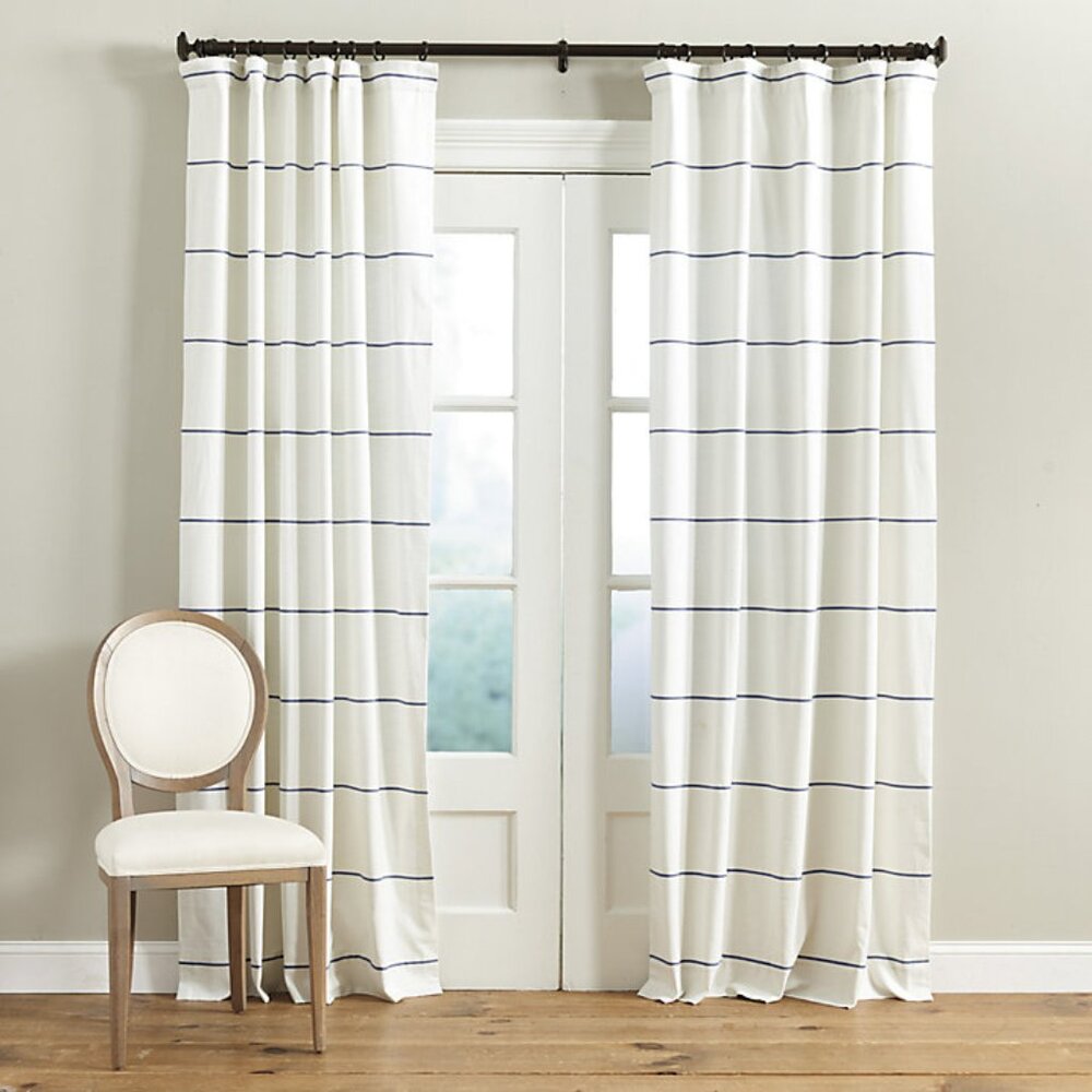 New Ballard Designs 50W x 96L Indigo Bowen Striped Panels. Set of 2. FLAWS